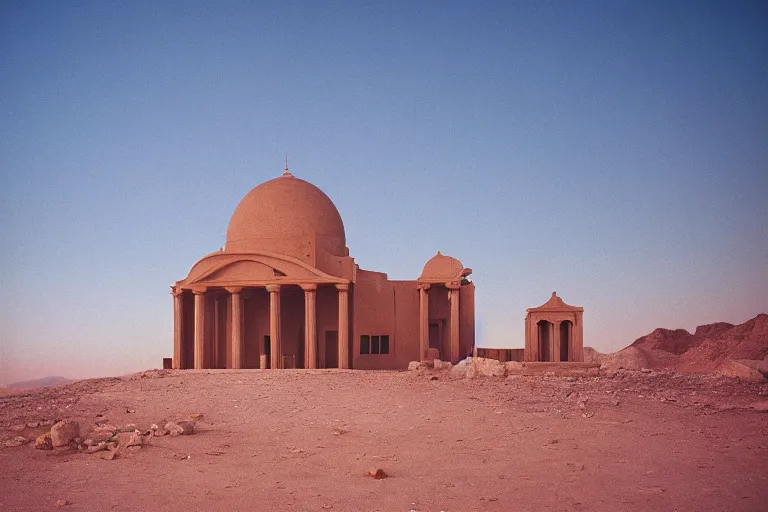 Prompt: film still of monumental néo-classical temple in the desert, by Étienne-Louis Boullée cinestill 800t 35mm full-HD