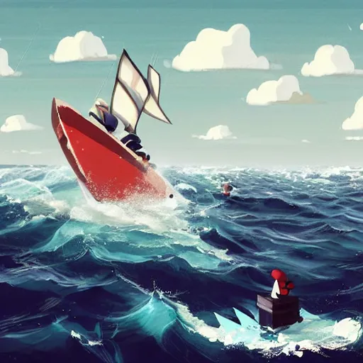 Image similar to Some fishermen struggling not to sink in a small sailboat in the middle of the furious raging ocean, ilustration art by Goro Fujita