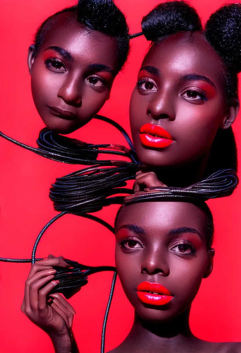 Prompt: medium shot, photograph of alluring dark skin young woman looking into camera, red lipstick, hundreds of cables and wires extruding from her head, sharp focus,, chromatic abberations, as fashion editorial 90s, kodak ektachrome