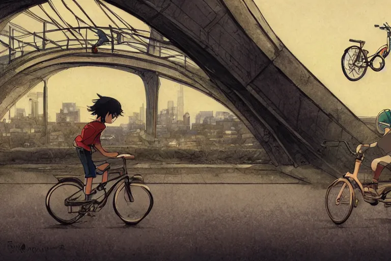 Prompt: a boy riding his bike alone over a bridge, high intricate details, rule of thirds, golden ratio, cinematic light, anime style, graphic novel by fiona staples and dustin nguyen, by beaststars and orange, peter elson, alan bean, studio ghibli, makoto shinkai