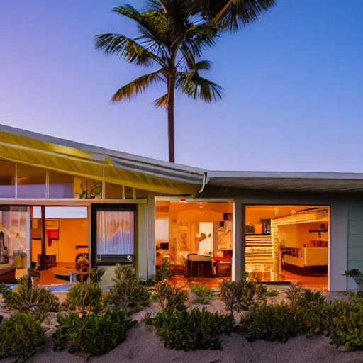 Prompt: a mid-century Eichler Home on the beach at sunset in the style of sunset magazine and dwell magazine. Highly detailed, photorealistic, 8k 35mm, award winning architecture photography