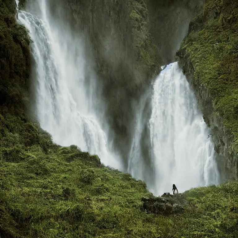 Image similar to dark and moody 1 9 8 0's artistic color spaghetti western film, a woman in a giant billowing wide long flowing waving shining bright white dress made out of waterfalls, standing inside a green mossy irish rocky scenic landscape, huge waterfall, volumetric lighting, backlit, atmospheric, fog, extremely windy, soft focus
