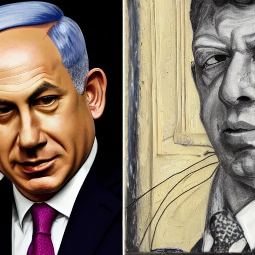 Image similar to benjamin netanyahu on a victorian style bad old deteriorating walls in the background in the style of lucian freud, painting, dark, brush strokes