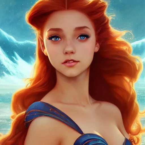 Image similar to beautiful young princess ariel, like human closeup, with the face of ariana grande, sea background, d & d, fantasy, elegant, highly detailed, digital painting, artstation, concept art, matte, sharp focus, illustration, art by artgerm and greg rutkowski and alphonse mucha