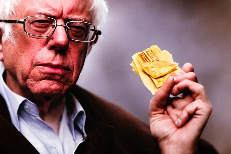 Image similar to closeup potrait of bernie sanders offering a werther's original in a smoky new york street, screen light, sharp, detailed face, magazine, press, photo, Steve McCurry, David Lazar, Canon, Nikon, focus