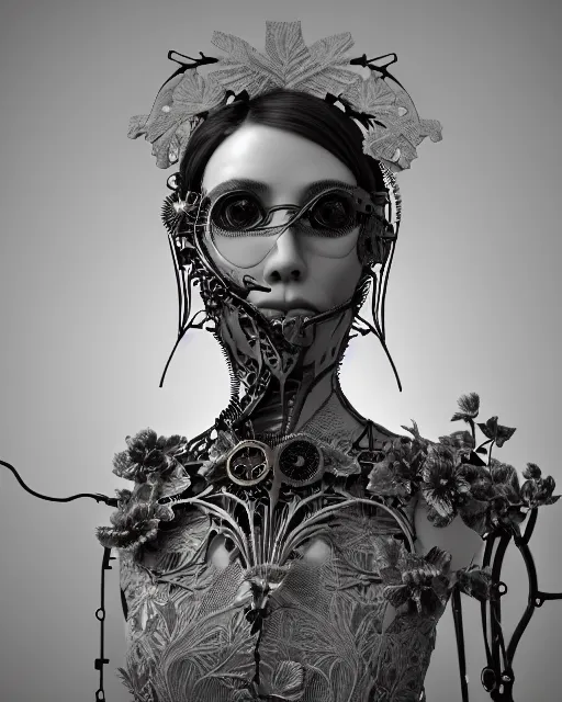 Image similar to monochrome 3 d model, 1 8 7 0 picture, silver mesh floral steampunk biomechanical beautiful young female cyborg with porcelain profile face and a techno eye, volumetric light, leaves foliage and stems, hibiscus flowers, sinuous fine roots, fine foliage lace, alexander mcqueen, rim light, big gothic fashion pearl embroidered collar, octane render, 8 k