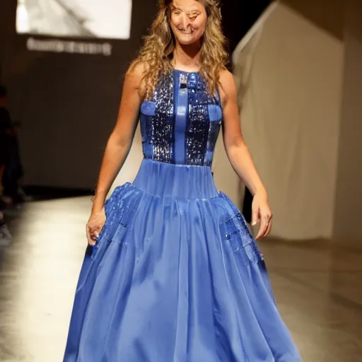 Image similar to Macgyver in a dress walking down a catwalk during fashion show