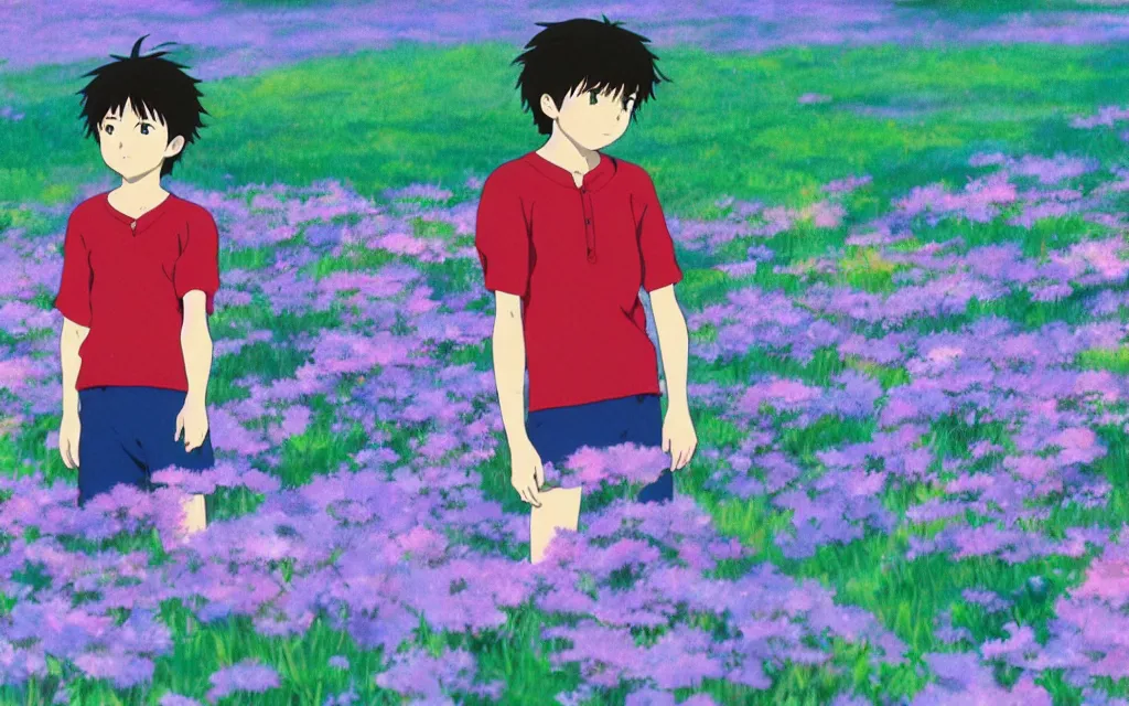 Prompt: a boy wearing a red sport jersey day dreaming on a field of flower, beautiful bright blue sky. 35mm film. makoto shinkai, studio ghibli.