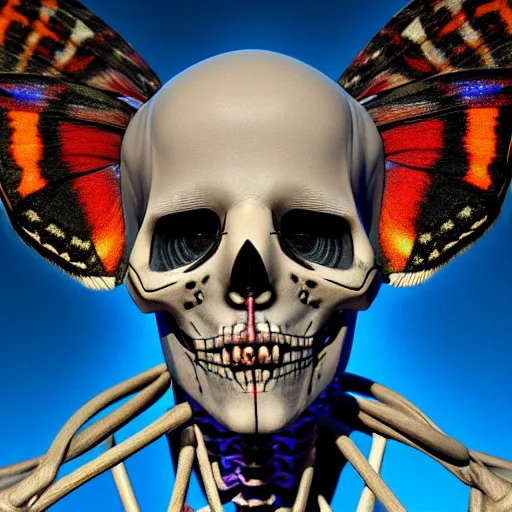 Prompt: a portrait of a skelton with moth wings, highly detailed, digital photo, hdri, by christopher bretz and john carpenter, vivid colors, high contrast, 8 k resolution, intricate, photorealistic, smooth, psychedelic color scheme, concept art, award winning, cg society contest winner