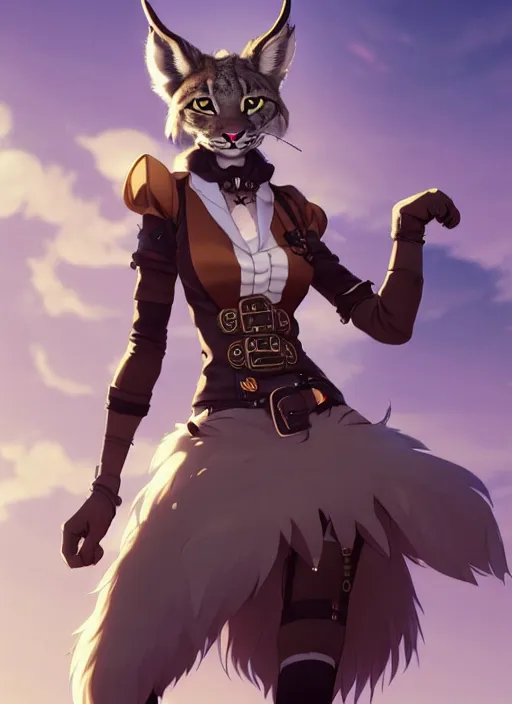 Prompt: wide angle beautiful full body portrait of a strong female anthropomorphic anthro lynx fursona wearing a steampunk dress. character design by disney, anime, manga, charlie bowater, ross tran, artgerm, and makoto shinkai, detailed, soft lighting, rendered in octane, white fur