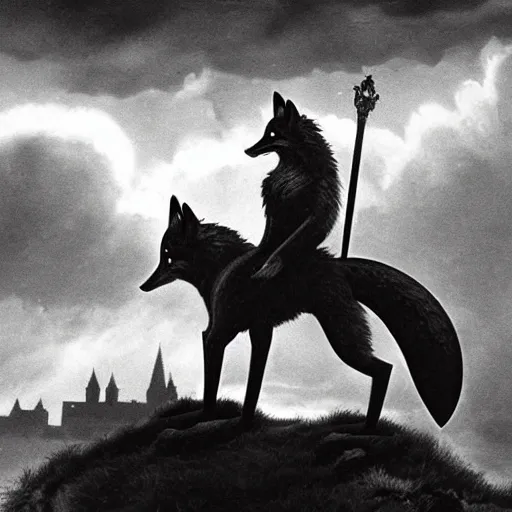 Prompt: anthropomorphic fox!! who is a medieval knight holding a swo - rd towards a stormy thundercloud [ 1 9 3 0 s film still ], ( fantasy,,, castle in the background )