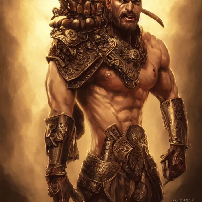 Image similar to a highly detailed symmetrical full body painting of a furious bald male warrior with piercing beautiful eyes in dark tomb setting, dynamic lighting, ambient lighting, deviantart, art by artgerm and karol bak and mark brooks