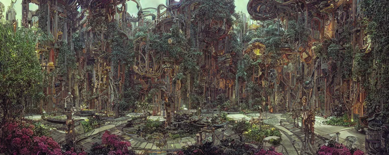 Prompt: a luxurious scifi futuristic victorian garden courtyard by killian eng, moebius, philippe druillet