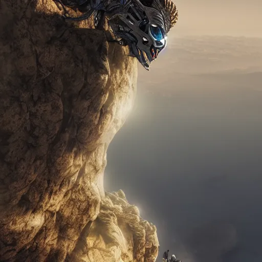 Prompt: Guyver walking over a cliff, trending in Artstation, intricate detail, dusk setting, dynamic lighting, photo realistic, 4k, hdr render, octane