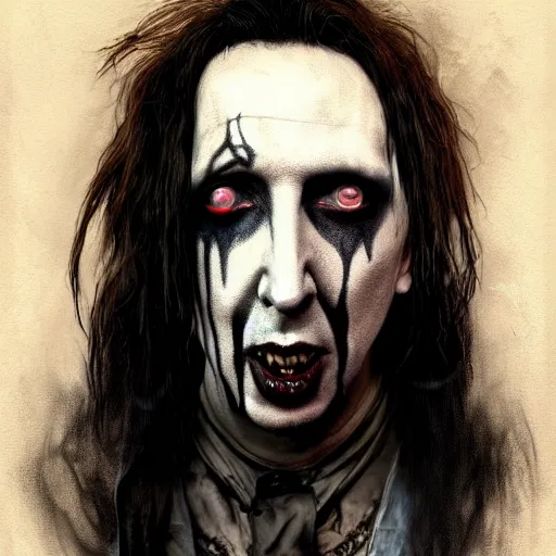 Image similar to A combination of Marilyn Manson's and Jonathan Davis's and Alice Cooper's faces as Aiden Caldwell character from Dying Light 2 Stay Human, western, D&D, fantasy, intricate, elegant, highly detailed, digital painting, artstation, concept art, matte, sharp focus, illustration, art by Artgerm and Greg Rutkowski and Alphonse Mucha