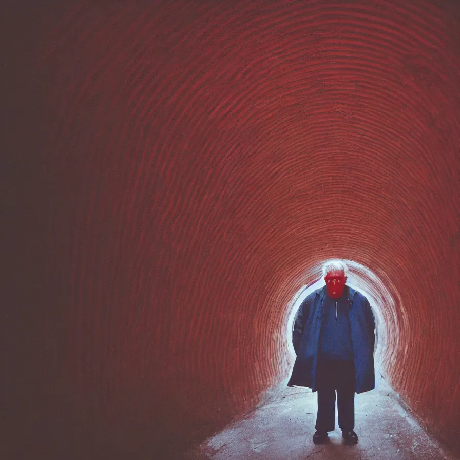 Prompt: 9 0 s movie still of an old man with a red hood in a spiral tunnel, cinestill 8 0 0 t 3 5 mm, heavy grain, high quality, high detail