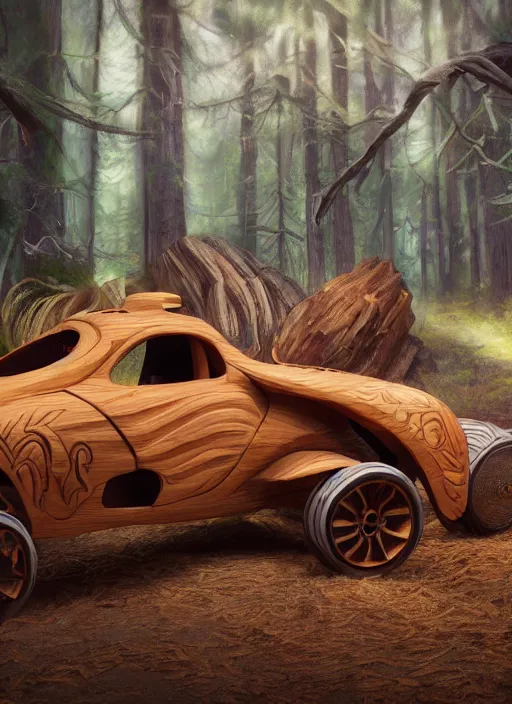 Image similar to a wood carved fancy car on a forest, art style by pixar dreamworks warner bros disney riot games arcane and overwatch, au naturel, hyper detailed, digital art, trending in artstation, cinematic lighting, studio quality, smooth render, unreal engine 5 rendered, octane rendered