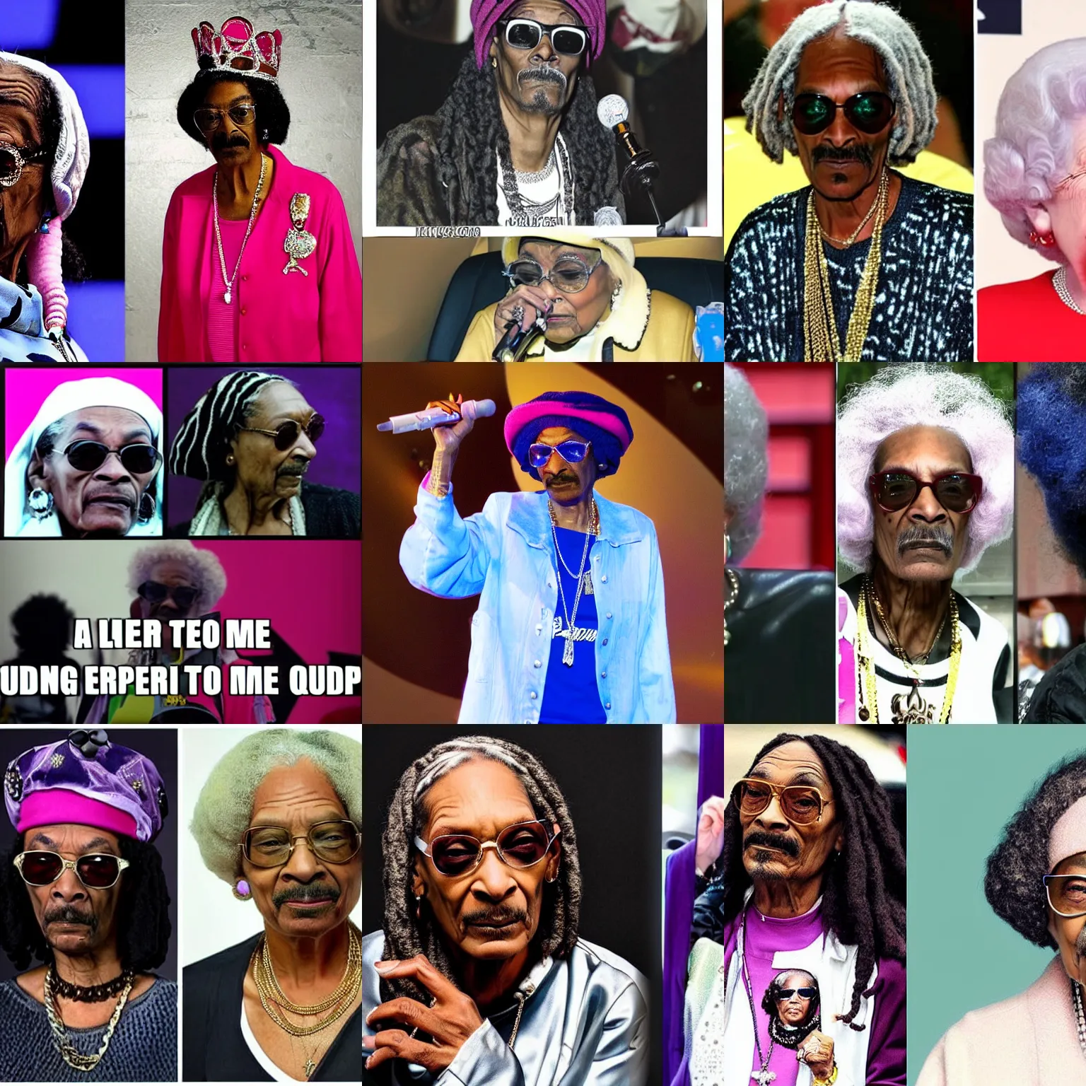 Prompt: an old woman rapper who looks like a mix between snoop dogg and queen elizabeth