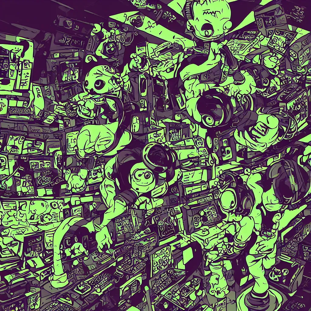 Image similar to a toad wearing headphones, ryuta ueda artwork, breakcore, style of jet set radio, y 2 k, gloom, space, cel - shaded art style, record store, data, minimal, code, cybernetic, dark, eerie, cyber