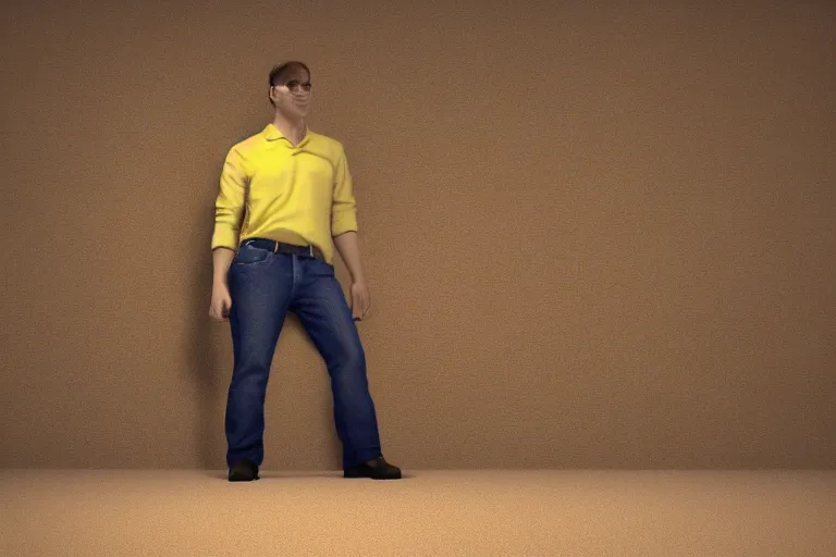 Image similar to 3 d render of jerma 9 8 5, jerma in the backrooms, jerma in endless halls of completely empty office space with worn light mono - yellow 7 0 s wallpaper, old moist carpet, and inconsistently - placed fluorescent lighting | liminal space | non - euclidean space | high octane | blender | 3 d render