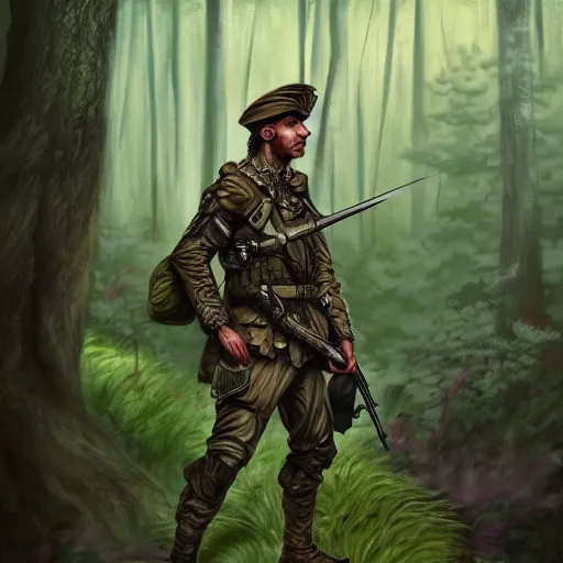 Image similar to male soldier in the forest, by annie leibowitz!!!, D&D, fantasy, intricate, elegant, highly detailed, digital painting, artstation, concept art, matte, sharp focus, illustration