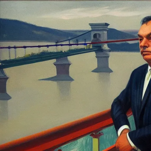 Image similar to viktor orban with highly detailed face standing on the bank of danube river, looking at the destroyed chain bridge in budapest, by edward hopper