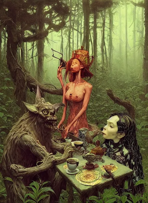 Image similar to witch having tea at a shrine in the woods gorgeous lighting, lush forest foliage a hyper realistic painting by chiara bautista and beksinski and norman rockwell and greg rutkowski weta studio, and lucasfilm