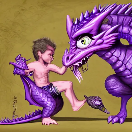 Image similar to purple dragon taming a gnome, fantasy illustration