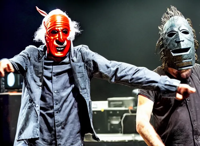 Image similar to publicity photo still of larry david wearing a slipknot mask touring with slipknot live on stage, 8 k, live concert lighting, mid shot