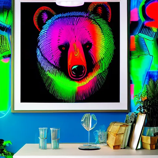 Image similar to neon art mural with portrait and a bear