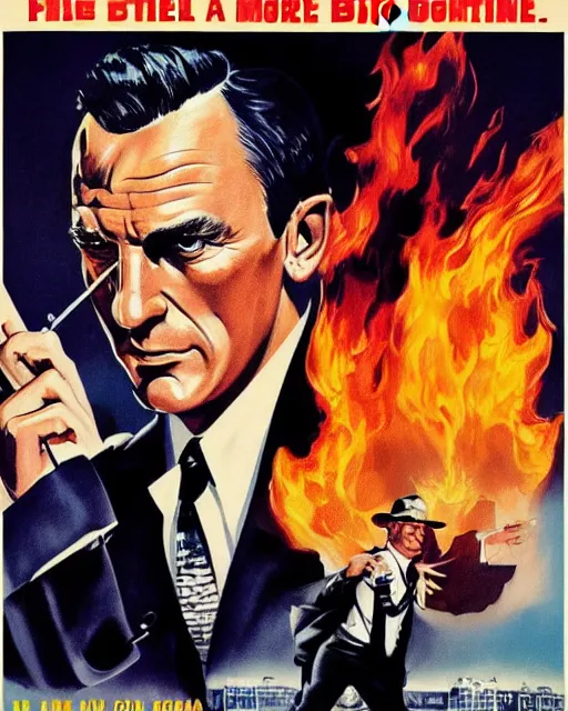 Prompt: “ a james bond style pulp poster illustration of handsome big tex on fire, movie premiere poster, close up, portrait, dramatic, 1 9 6 0 s, highly detailed ”