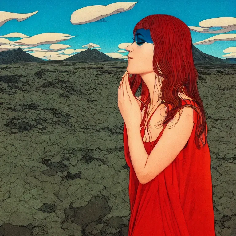 Prompt: a portrait of a young icelandic woman dreaming psychedelic hallucinations in the vast volcanic landscape of iceland, by soul bass, kawase hasui, moebius and edward hopper, colorful flat surreal design, xray hd, 8 k, artstation