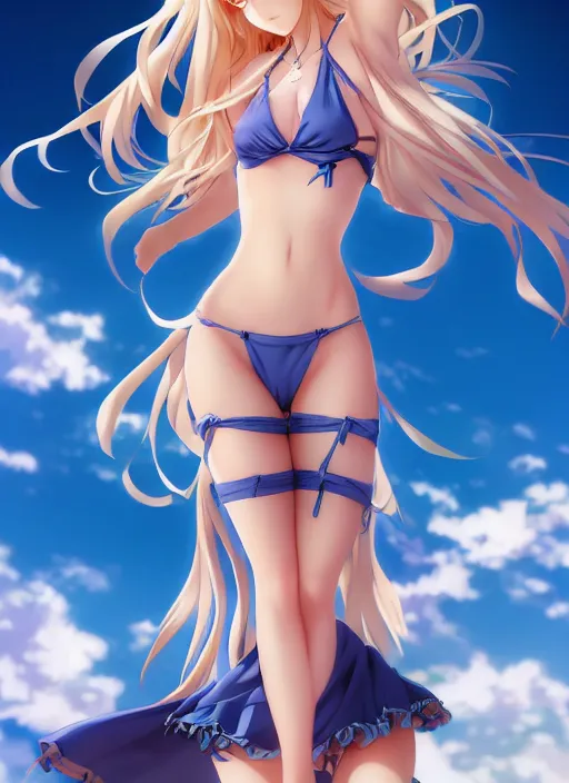 Prompt: a very beautiful young anime giantess from below, full body, long wavy blond hair, sky blue eyes, full round face, evil grin, bikini, miniskirt, front view, mid - shot, highly detailed, cinematic wallpaper by stanley artgerm lau