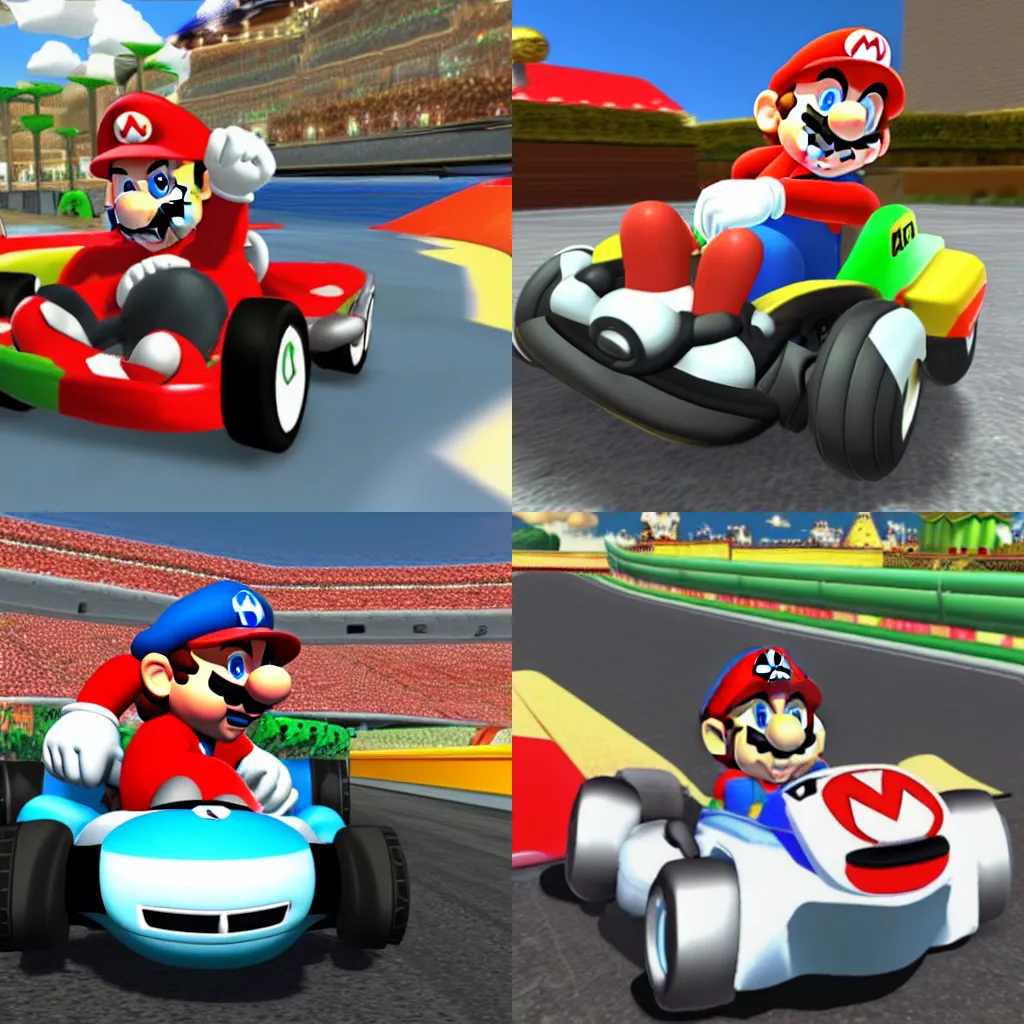 Prompt: Mario riding a Mercedes on Mario Kart Wii style