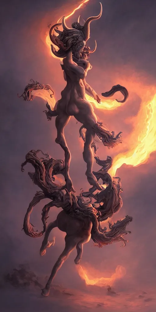 Prompt: partial ecorche female centaur demon with scoliosis and curved horns and fiery eyes on a pedestal, upshot, dramatic cinematography, volumetric lighting, dark curly hair, by peter mohrbacher, smoke, slime, dark