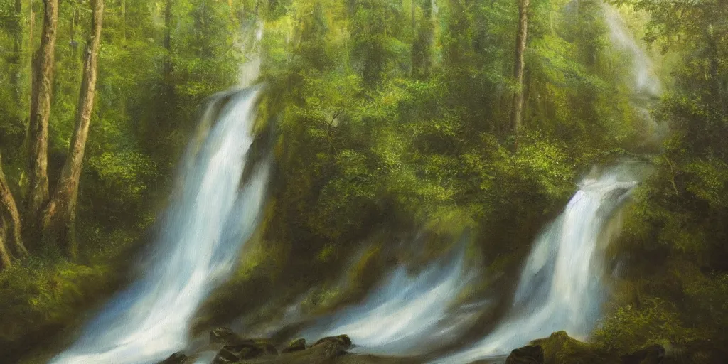 Image similar to A symmetrical oil painting of two waterfalls surrounded by a very dense forest