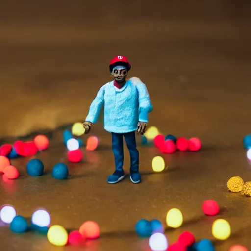 Image similar to a cinematic film still of a claymation stop motion film starring chance the rapper as a college student, shallow depth of field, 8 0 mm, f 1. 8