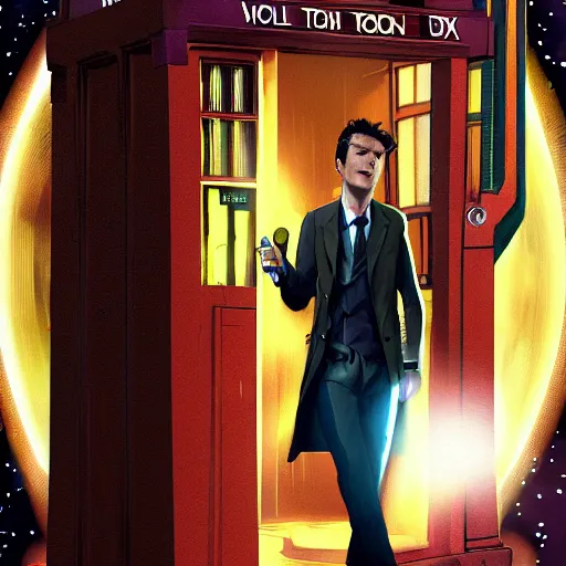 Prompt: The Tenth Doctor stepping out of the Tardis with his companion Rose, artstation