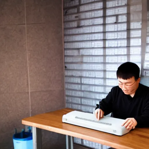 Prompt: a chinese man in front of a table, typing keyboard