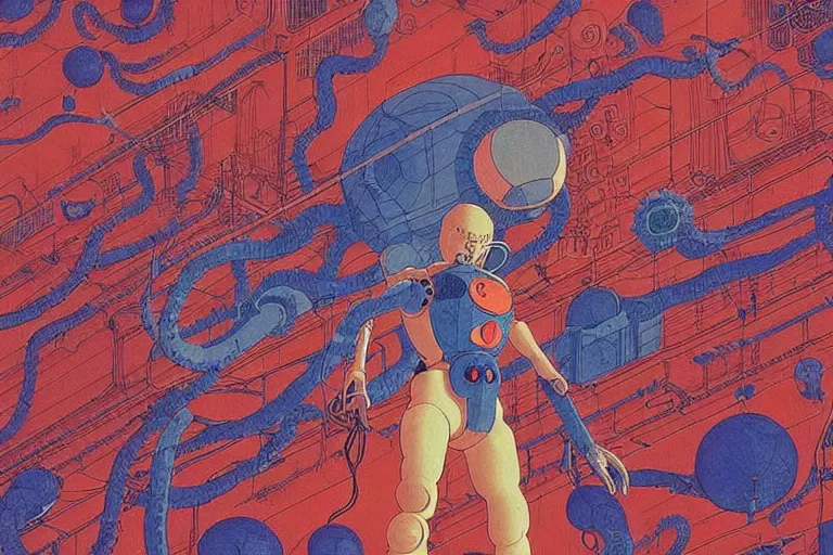 Image similar to risograph grainy drawing vintage sci - fi, satoshi kon color palette, gigantic gundam full - body covered with human bodies and wires, with lot tentacles, vermilion color, codex seraphinianus painting by moebius and satoshi kon and dirk dzimirsky close - up portrait