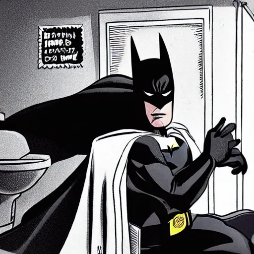 Prompt: photo of Batman sitting on a toilet seat in his full outfit, looking distressed, no toilet paper