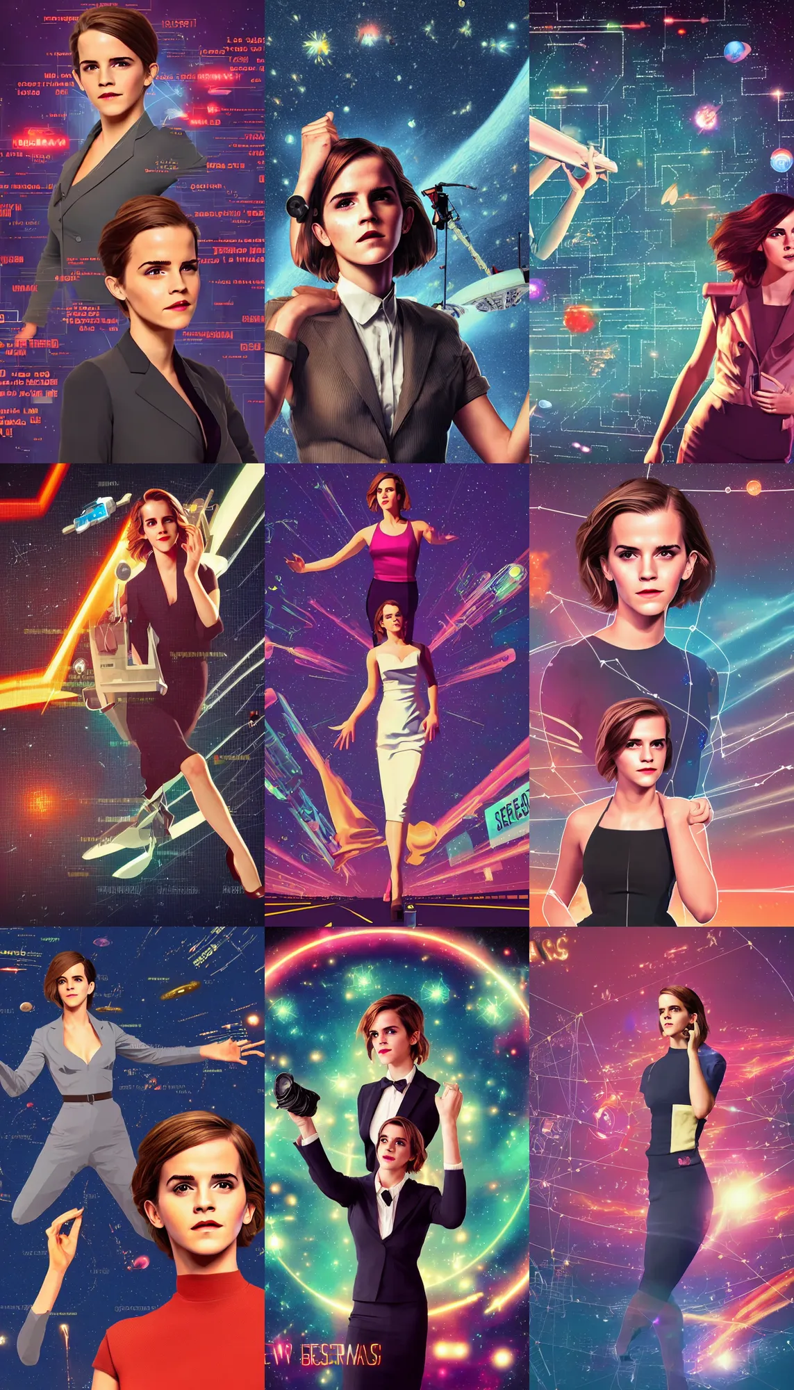 Prompt: hardmesh retro futurist screen shows emma watson telling news as news anchor girl, dressed costume, stock prices bar, in style of firefly movie, digital art by ilya kuvshinov and greg rutkovsky, intergalactic, space, stars and nebula, tv, bbc, 5 - channel, with anchor man and woman, cinematic