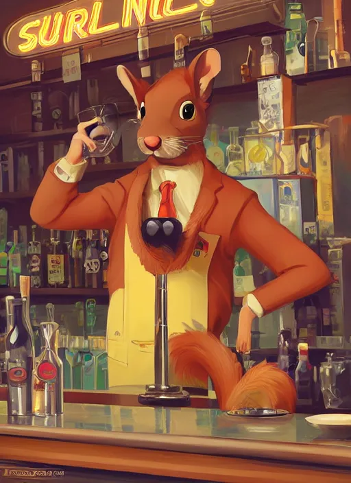 Prompt: squirrel anthro as a dapper bartender with a big, fluffy tail, retro futurism, art deco, detailed, painterly digital art by WLOP and Cory Loftis and John La Farge, 🐿🍸🍋, furaffinity, trending on artstation