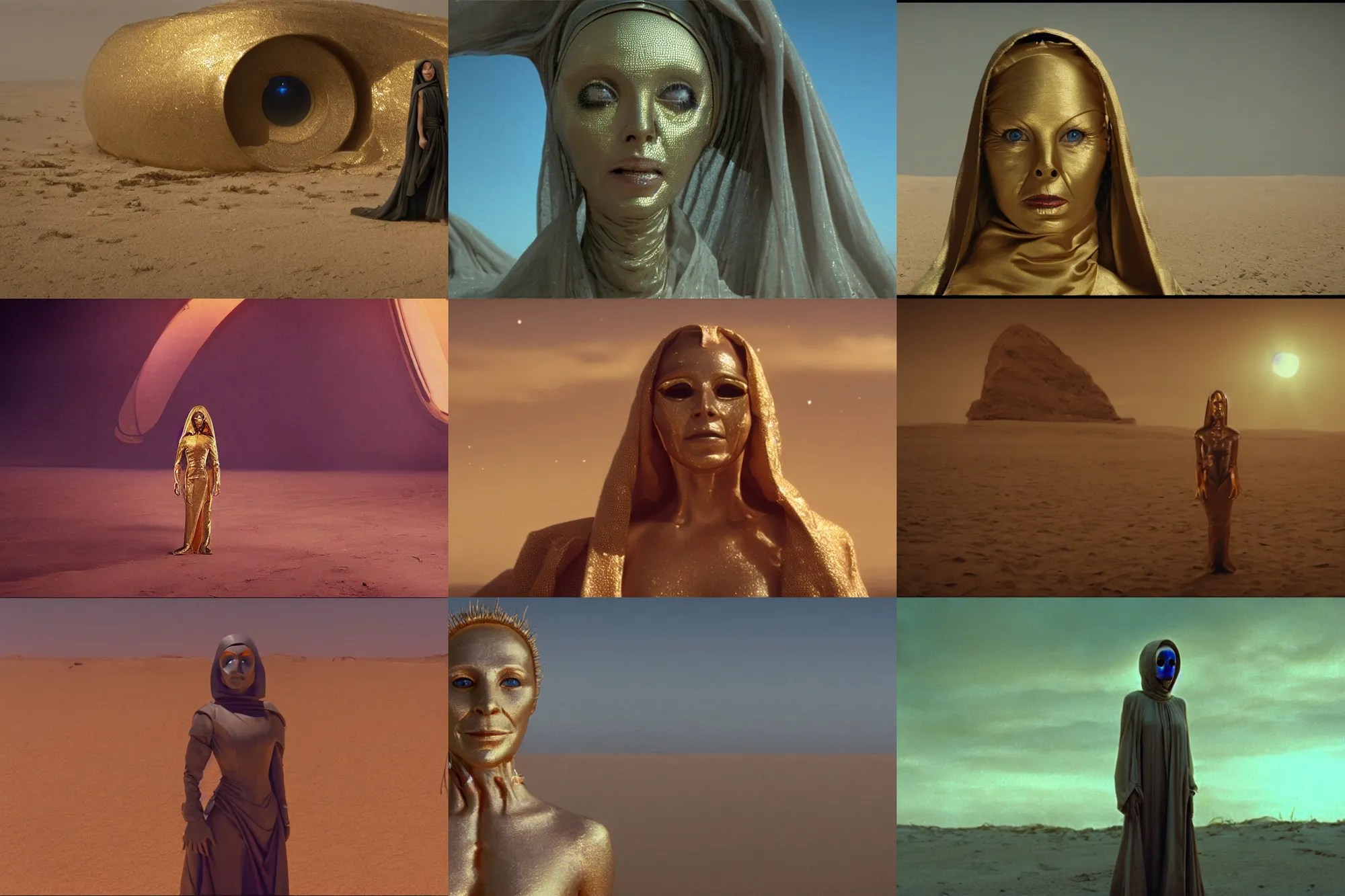 Prompt: the long - shot portrait of bene gesserit in full - face golden glowing mask seeing the abandoned buildings under the sand, alien spaceship in the sky, film still from the movie directed by alejandro jodorowsky with cinematogrophy of christopher doyle and art direction by hans giger, anamorphic lens, kodakchrome, very detailed photo, 8 k,