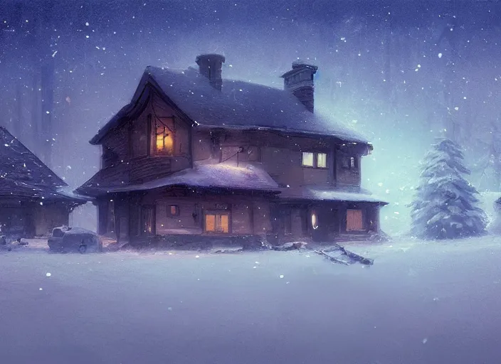 Image similar to snow - covered house, smoke from the stove, night, stars in the sky, winter landscape, painting by craig mullins, octane rendering, wide angle lens, in the style of hayao miyazaki, trending on artstation,