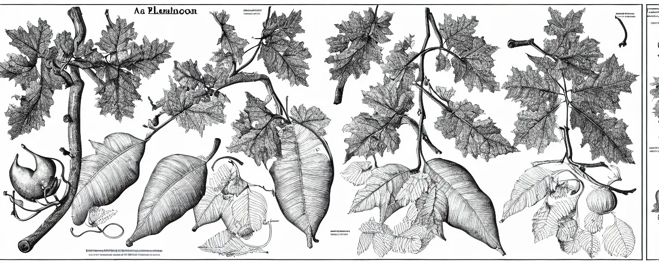 Prompt: a full page schematic diagram illustration of a vine leaves and acorns from an oak tree, ultra detailed, 4 k, intricate, encyclopedia illustration, fine inking lines