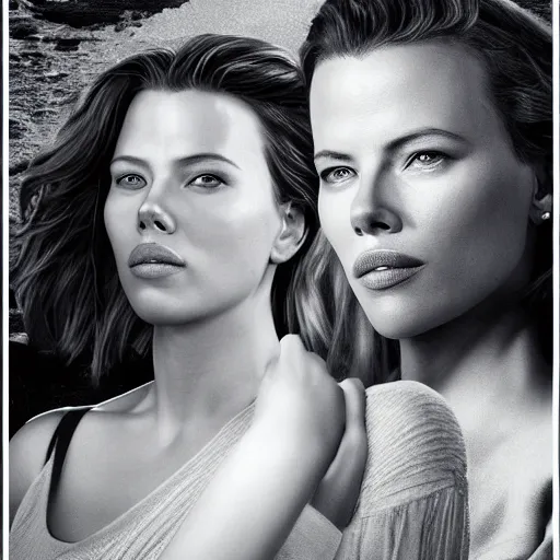 Prompt: movie Lighthouse 2019 poster with scarlett johansonn and kate beckinsale, smile, shiny eyes, god rays, weaving, grayscale, uniform, photo realistic, fog, lighthouse, cliff