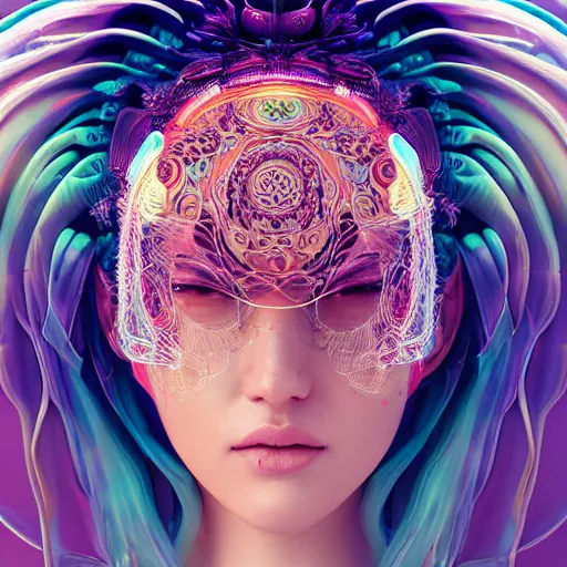 Image similar to goddess portrait. jellyfish phoenix head. intricate artwork by Tooth Wu and wlop and beeple. very coherent symmetrical artwork. cinematic, hyper realism, high detail, octane render, 8k