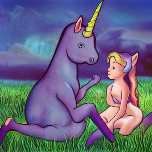 Image similar to dream : a fabulous landscape, a magical unicorn. a boy is sitting astride him. a cat is lying