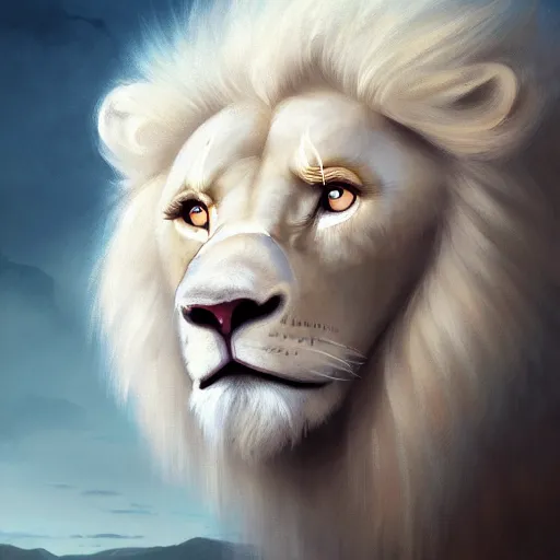 Image similar to a beautfiul aesthetic commission portrait of a anthro albino lion looking at the sky worried,attractive beautiful face,detailes face,expression,natural lighting,fantasy art,deviantart,artstation,character design by charles bowater,ross tran,greg rutkowski,4k,photorealistic